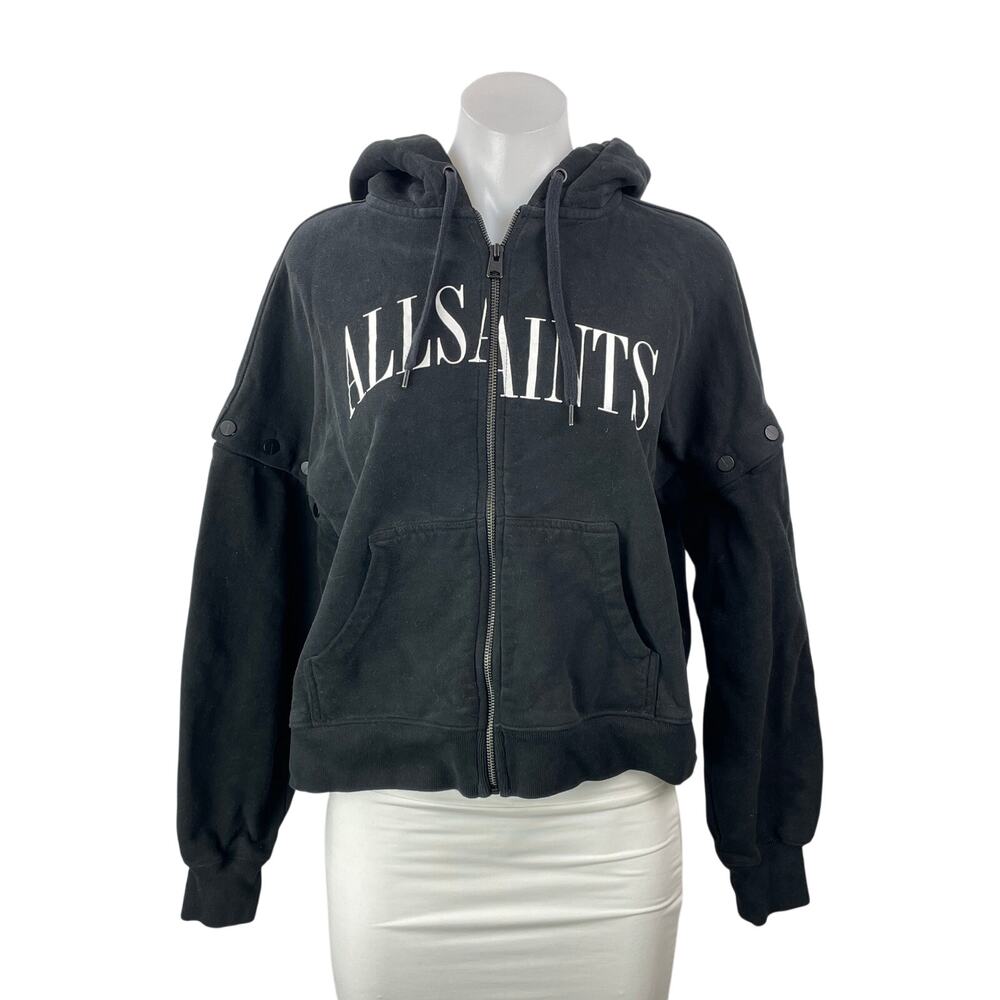 AllSaints Women's Black Spell Out Logo Zip Hoodie Hooded Sweatshirt Top Size S